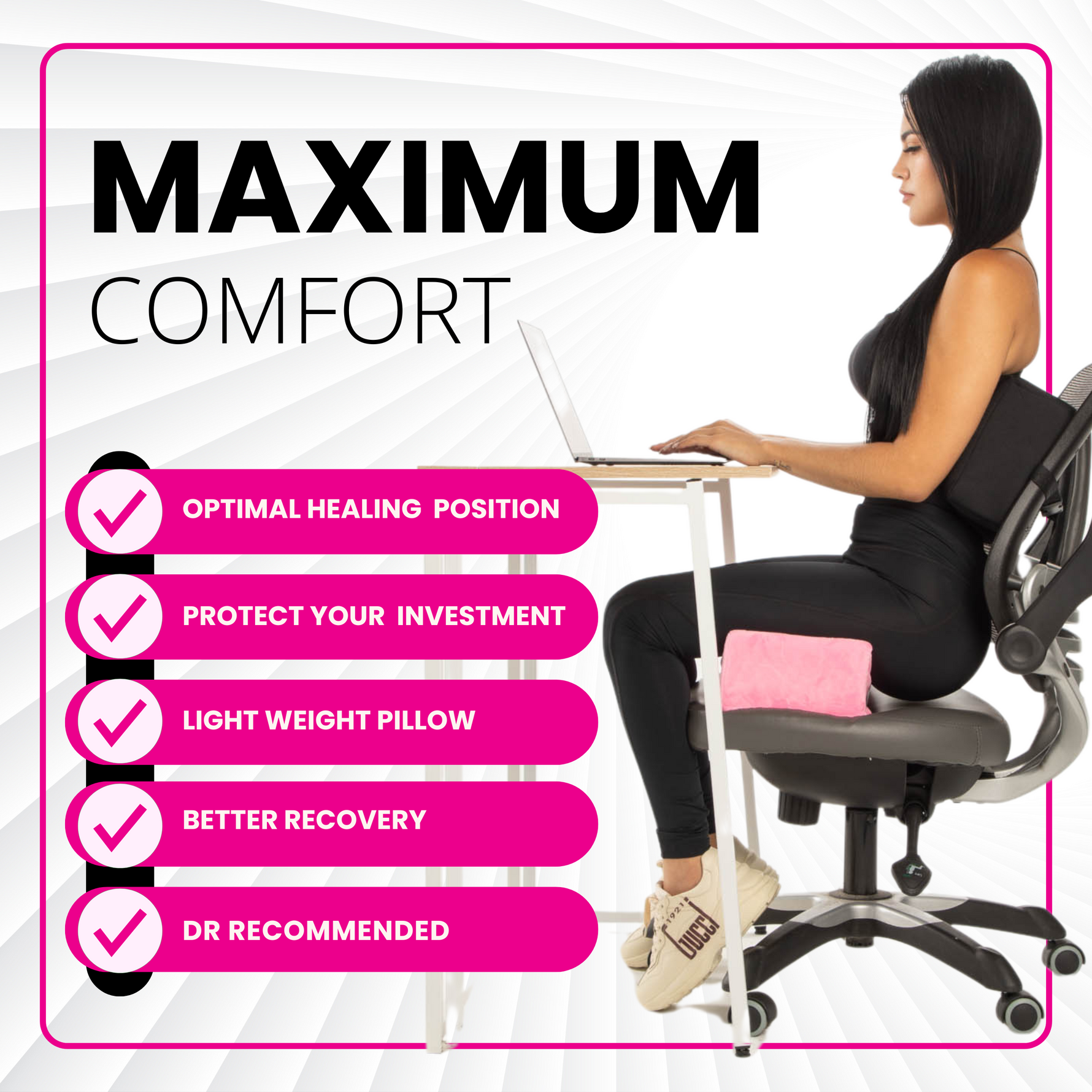 Woman using a pink Bombshell BBL Pillow for ergonomic support during a long-distance flight to maintain BBL results.