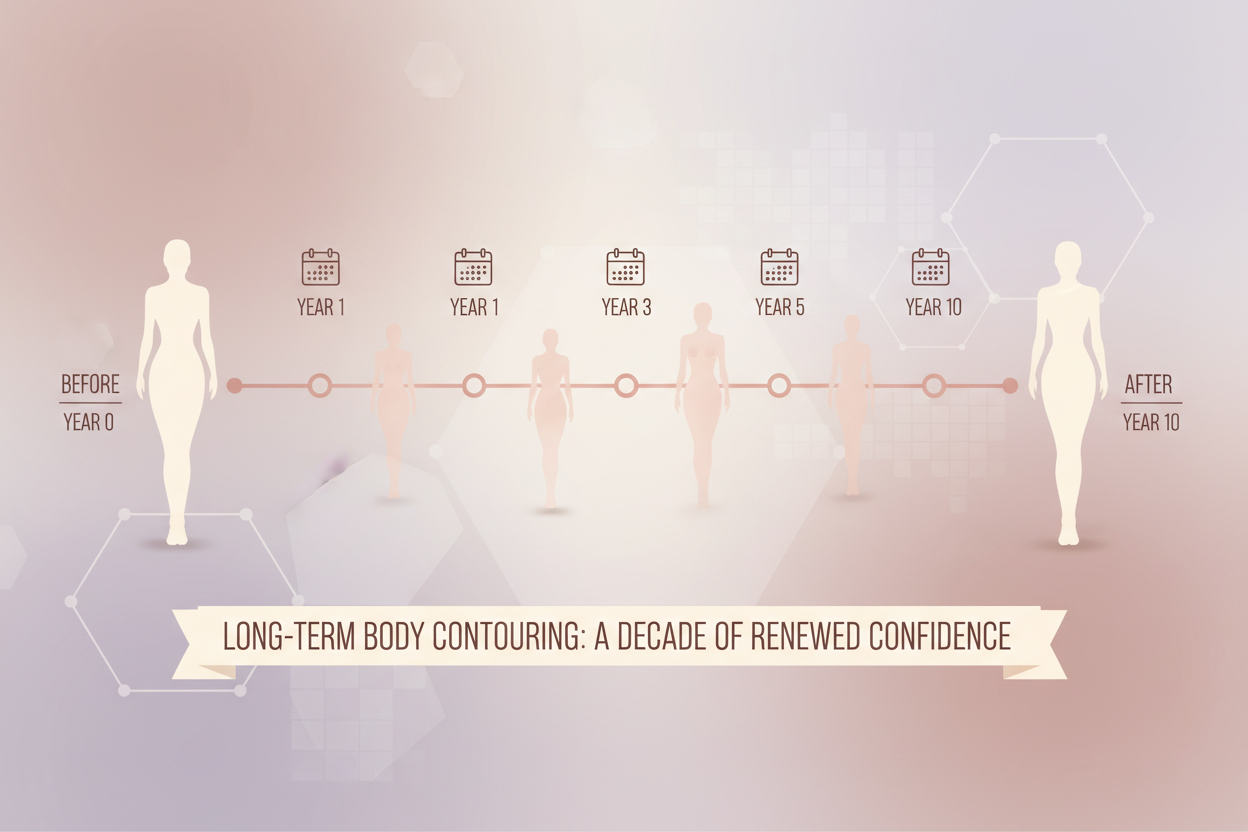 Timeline showing Brazilian Butt Lift (BBL) results from year 0 to year 10, demonstrating long-term fat retention and body contouring maintenance