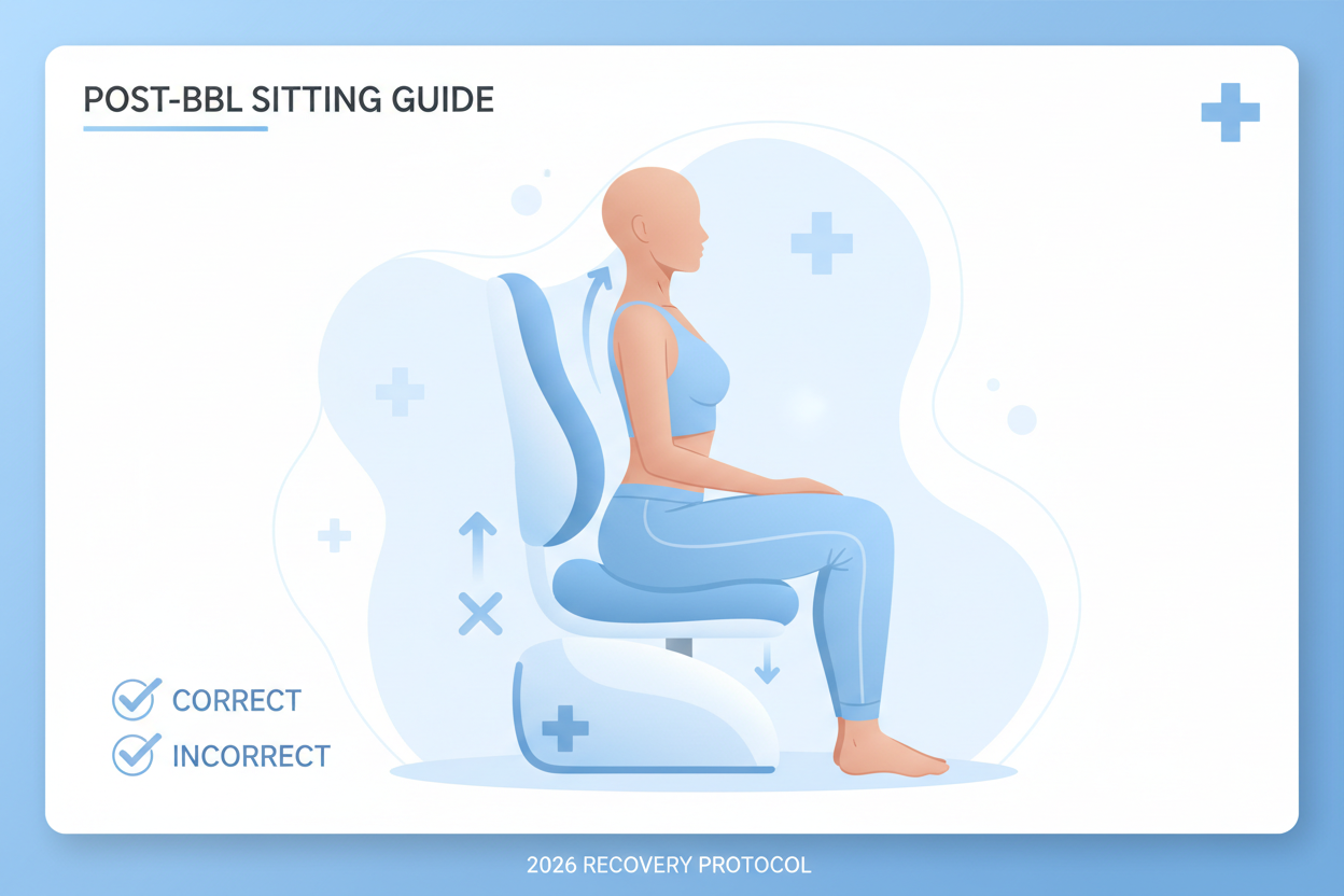 correct way to sit after a BBL surgery using a specialized cushion, showing the hips and glutes elevated to prevent pressure on fat grafts pillow for bbl