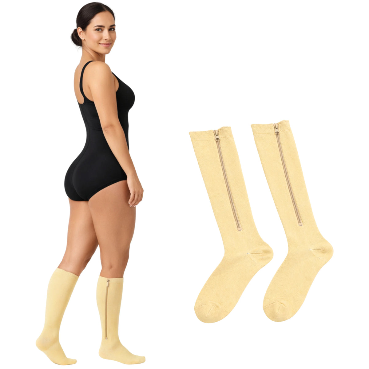 BBL post-op zipper compression socks beige worn by model 