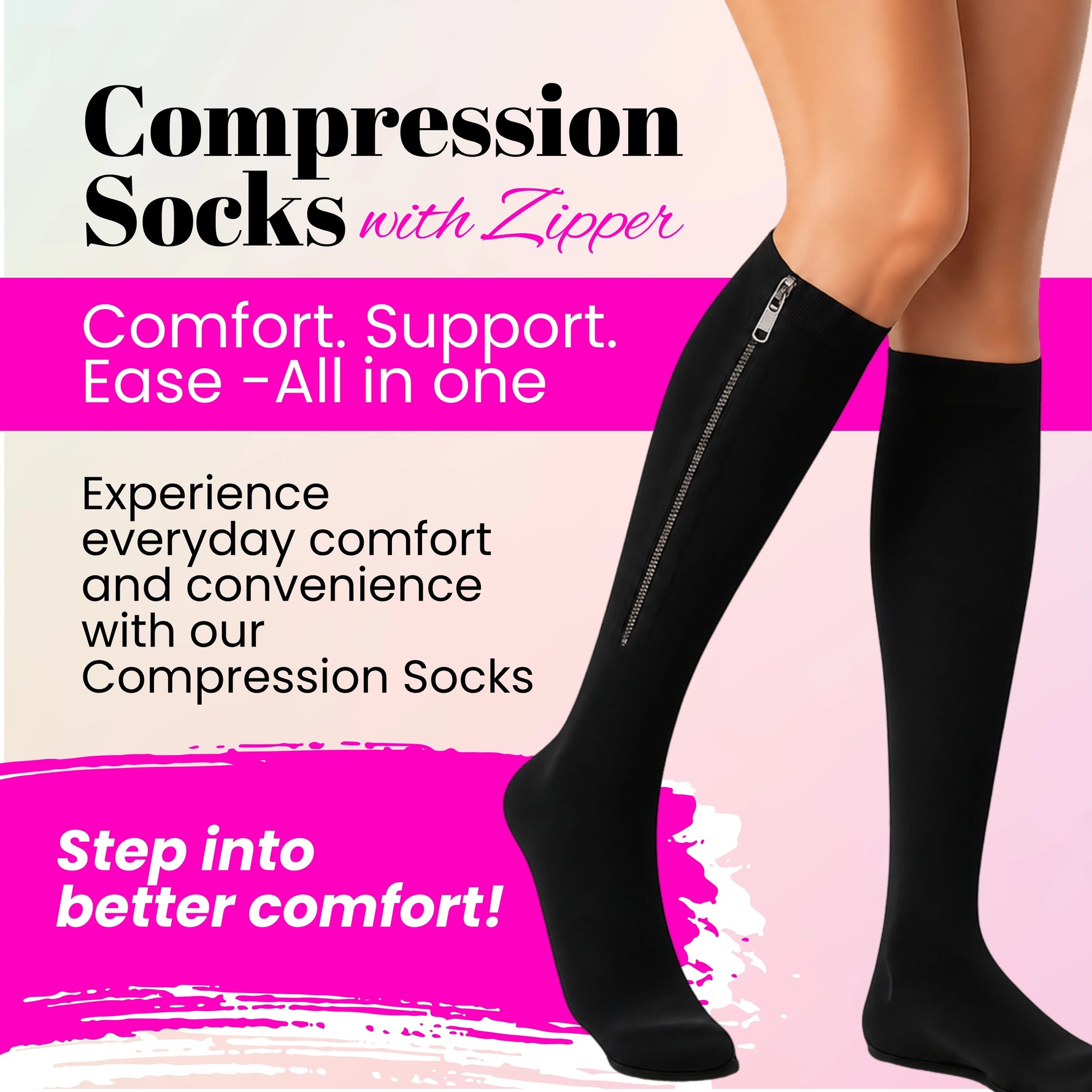BBL recovery zipper compression stockings black – side view 