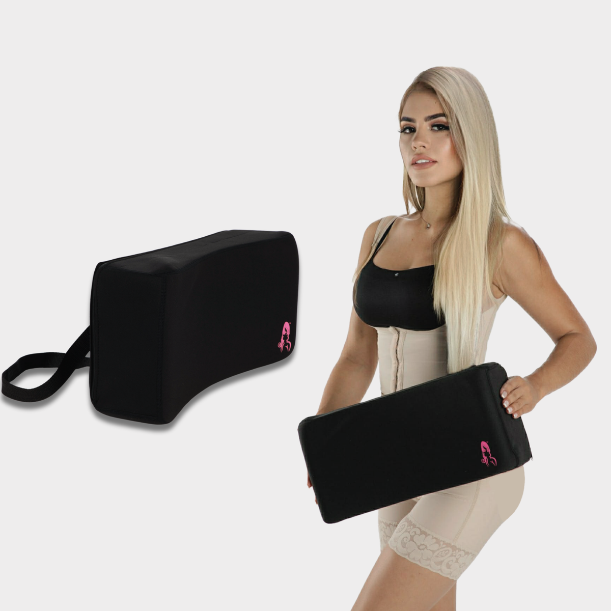 BBL Back Support Cushion with Adjustable Strap – Lifestyle Shot with Model in Post-Surgery Compression Garment