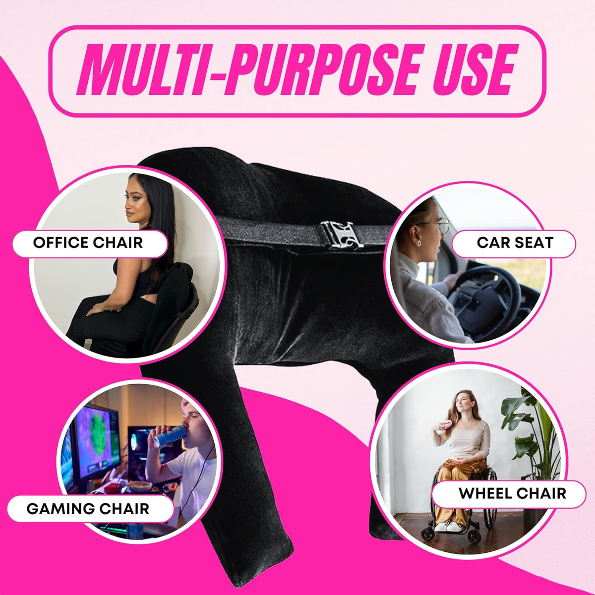 "Multi-Purpose Use" – product with 4 use-case circles: Office Chair, Car Seat, Gaming Chair, Wheelchair