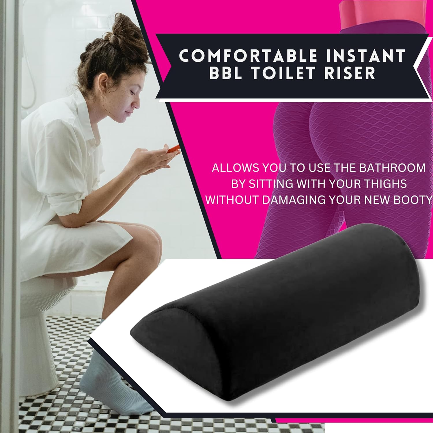 BBL Toilet Seat Riser Dimensions – 15x5x4 Inches 3.98 Ounces High-Density Foam Post-Surgery Black 