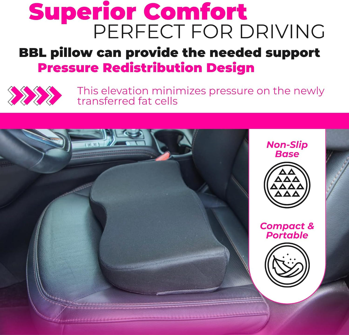 BBL Driving Pillow on Car Seat – Non-Slip Base, Pressure Redistribution Design for Brazilian Butt Lift Recovery