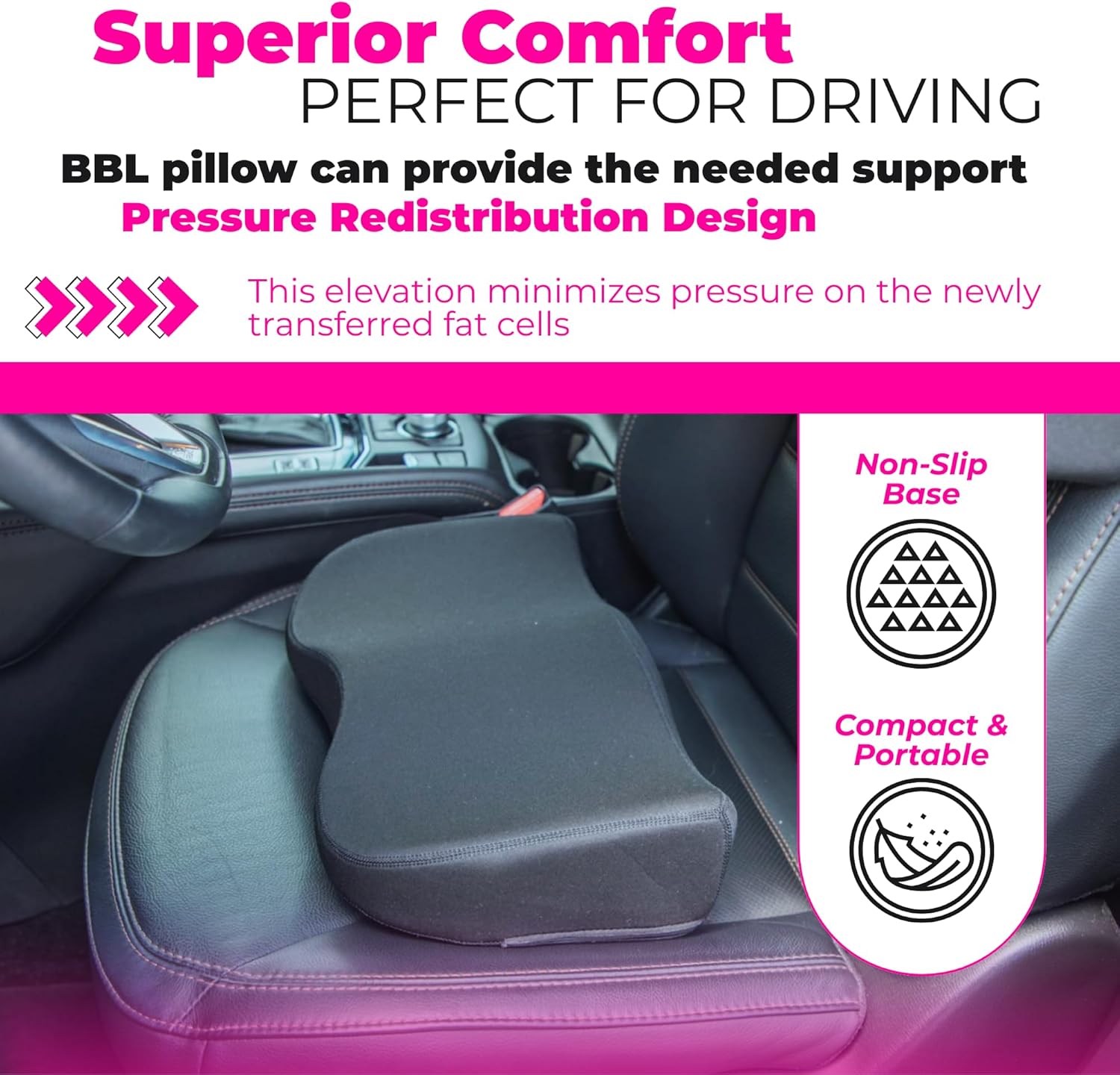 BBL Driving Pillow on Car Seat – Non-Slip Base, Pressure Redistribution Design for Brazilian Butt Lift Recovery