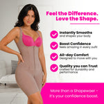 Fajas Colombianas post-surgery bodysuit worn invisibly under everyday clothes – blazer and dress – for confident daily wear