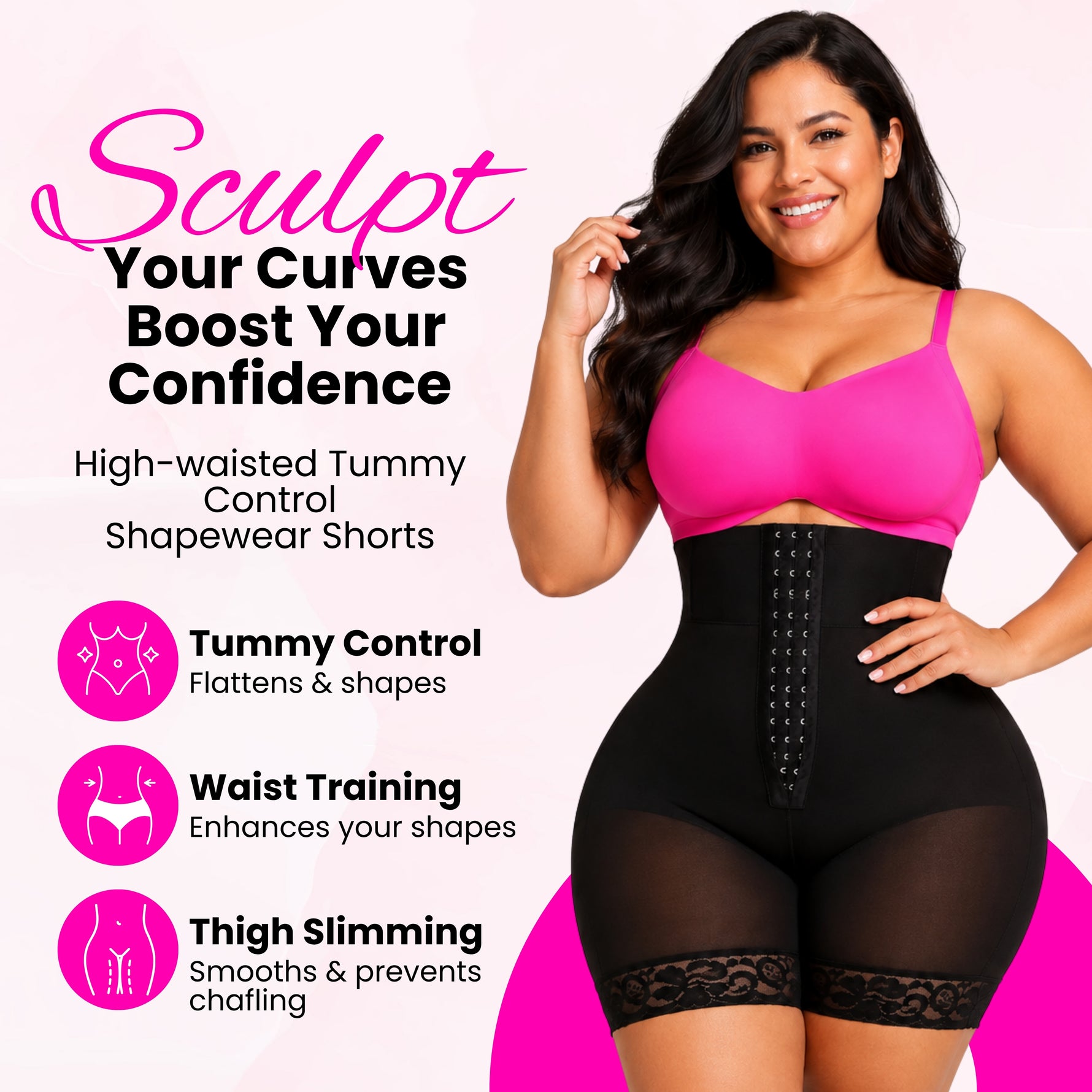Women's high waist butt lifter shapewear shorts available in beige and black with lace trim and hook closure