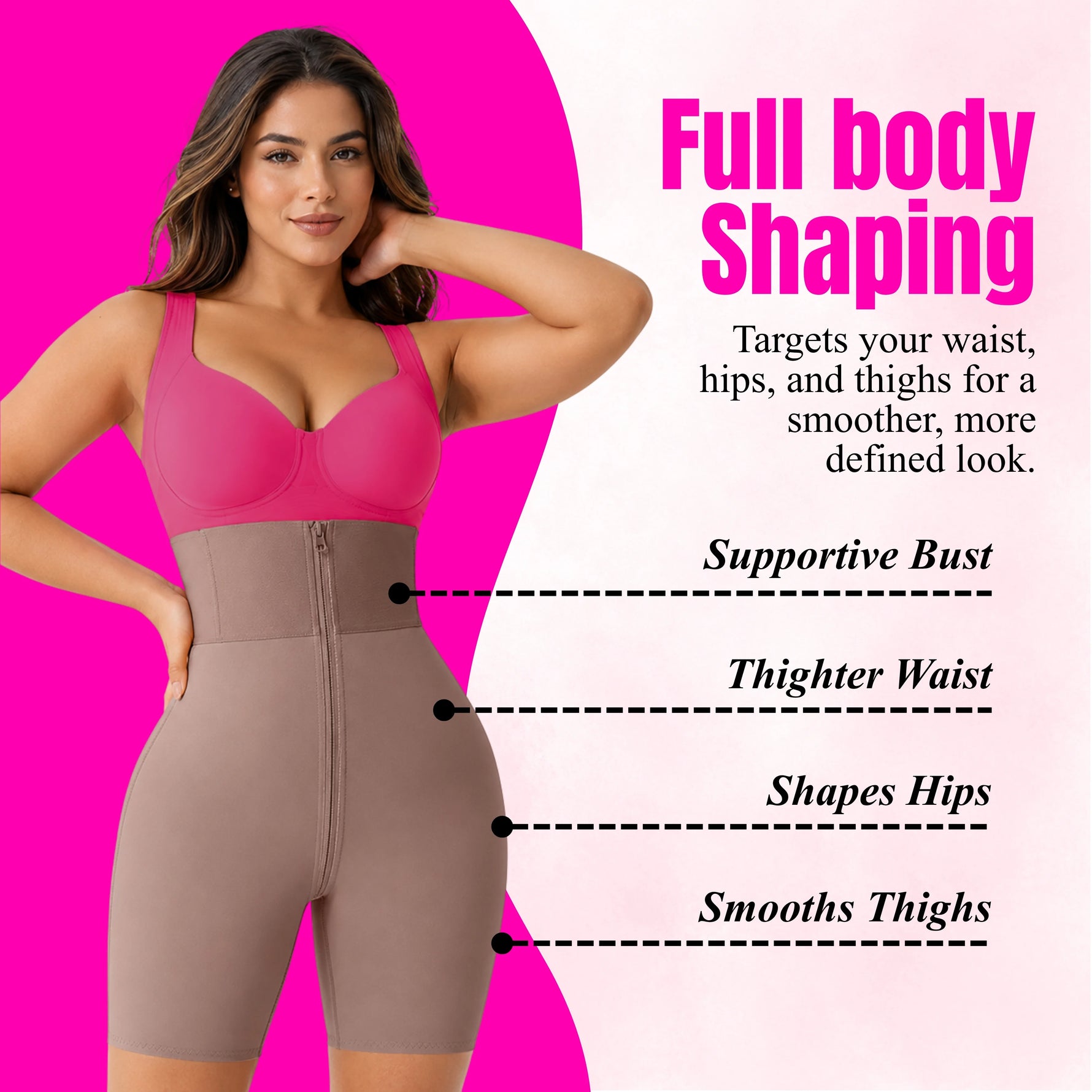 High-waist shapewear shorts showing tummy control, waist shaping, midsection support and curve enhancement