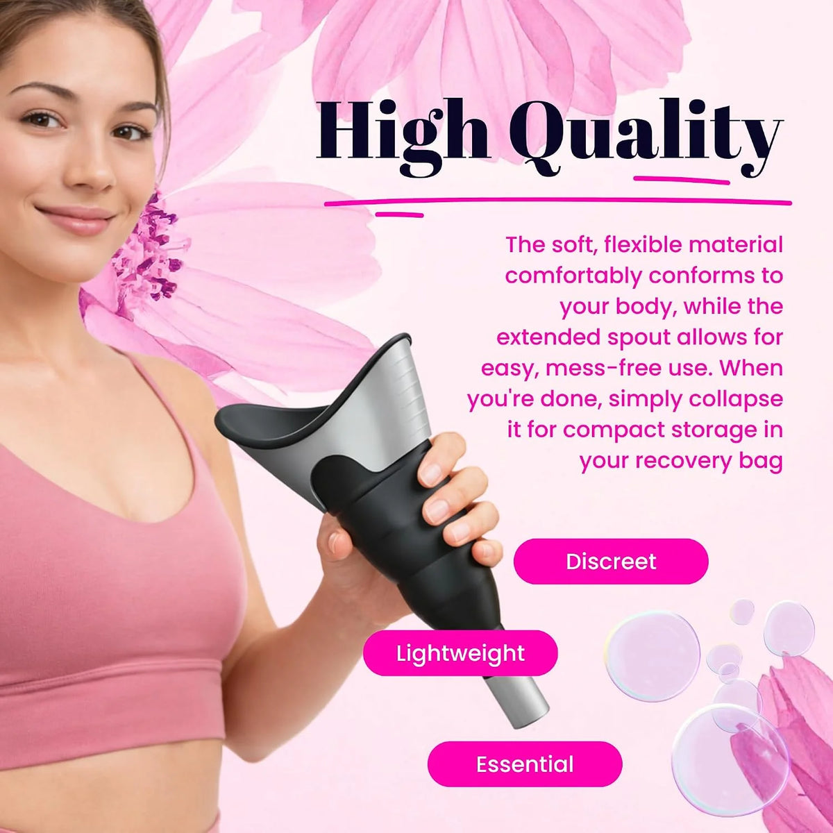Collapsible women's pee funnel shown open and folded with black carry pouch – portable travel urinal Black 