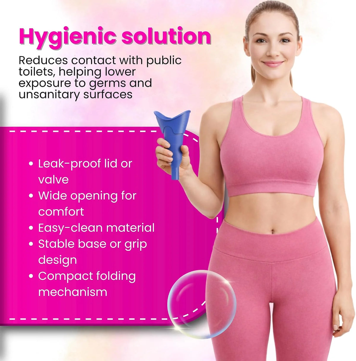 Collapsible women's pee funnel shown open and folded with black carry pouch – portable travel urinal Blue 
