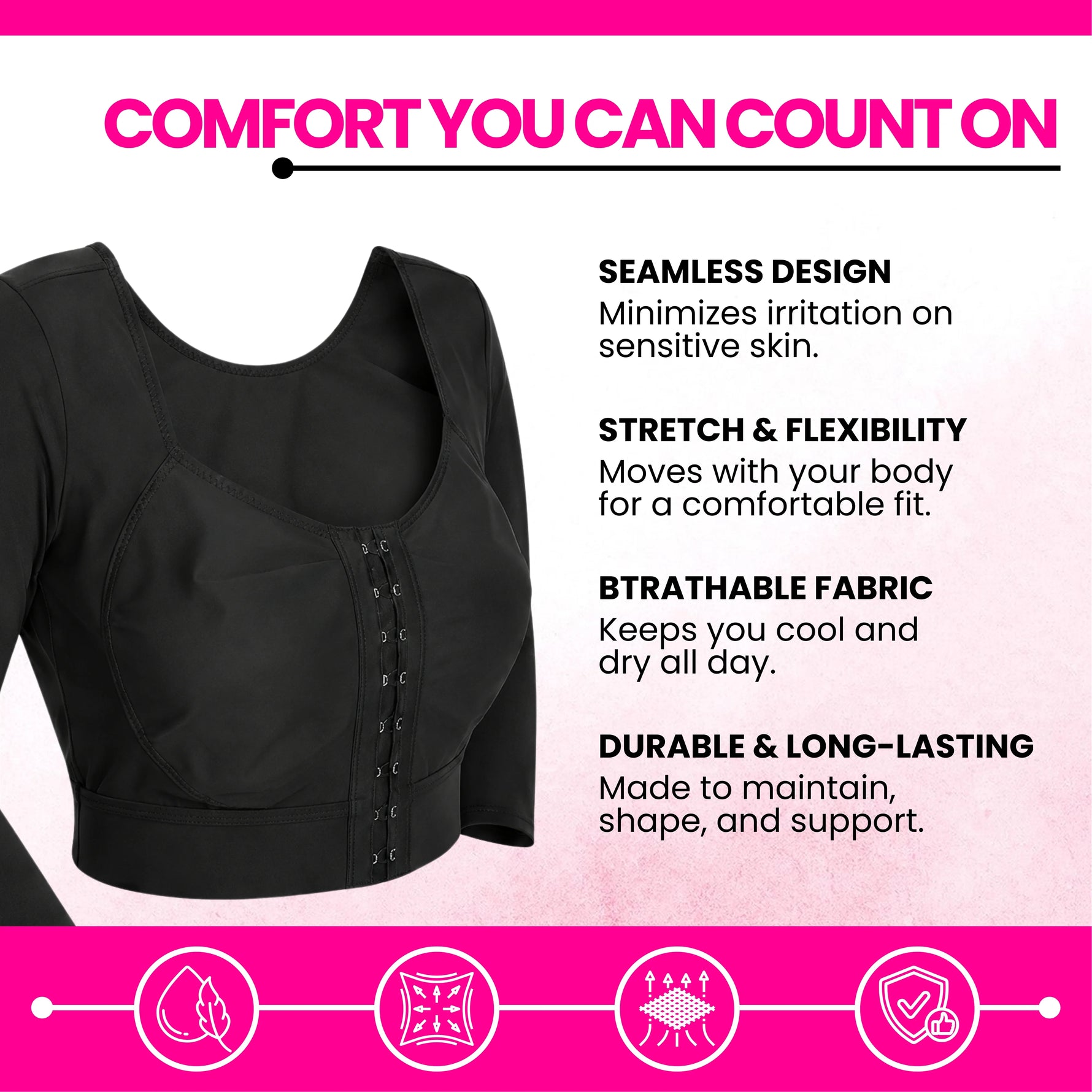 Post-surgery arm compression sleeve with full bust coverage and ¾ length sleeves for targeted arm swelling reduction