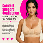 Woman wearing a beige front closure comfort bra with promotional text on a pink and beige background