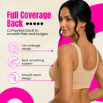 Woman wearing a beige compression bra with text and icons about full coverage back support.