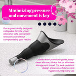 Woman holding portable female urination device – discreet, reusable, and shaped for comfortable stand-to-pee use Black 