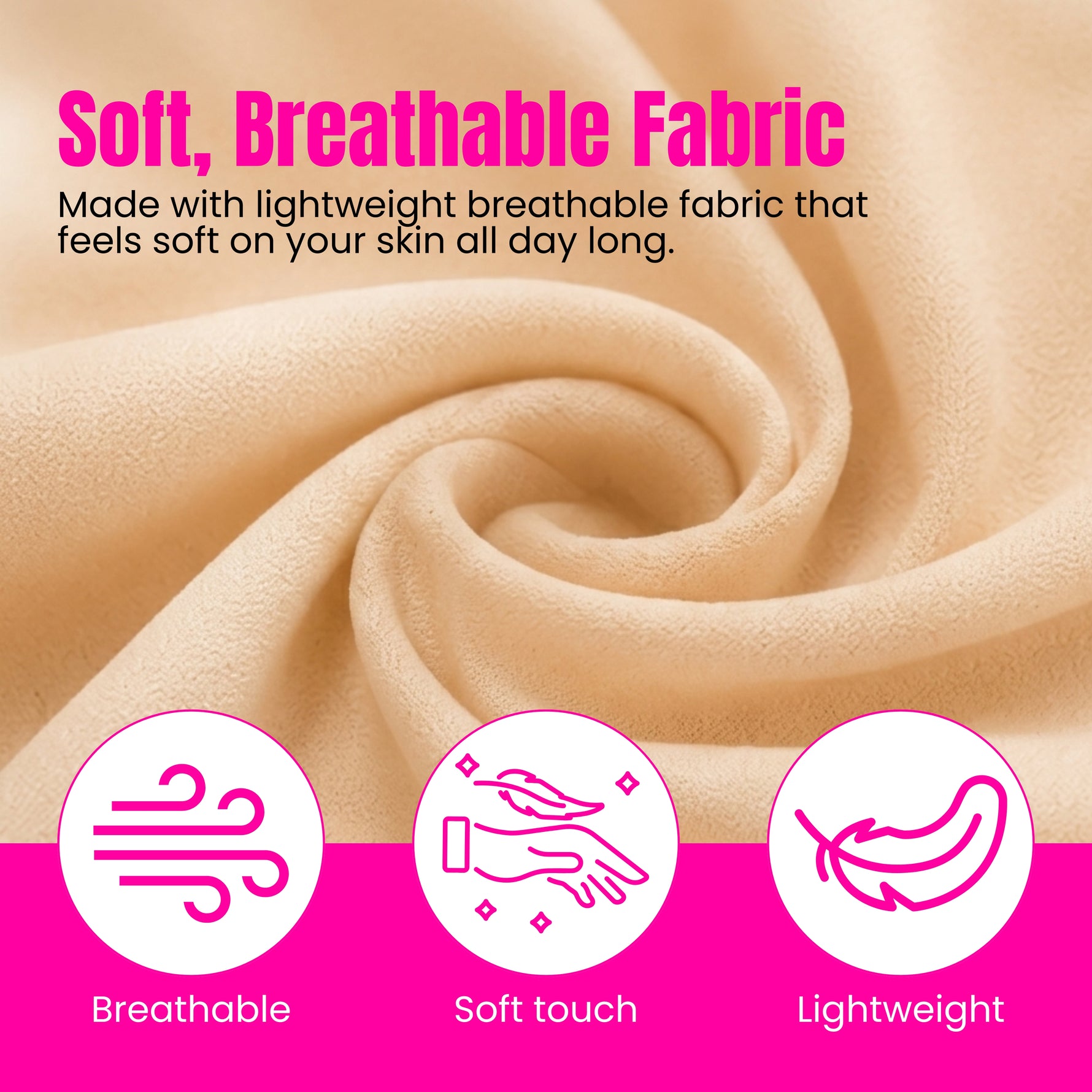 Close-up of soft, breathable fabric with text and icons on a pink background