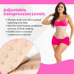 Adjustable compression waist trainer corset faja worn by woman – multiple hook rows for postpartum belly shaping