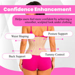 Back view of women's waist trainer corset showing waist shaping, posture support, tummy control, and back support