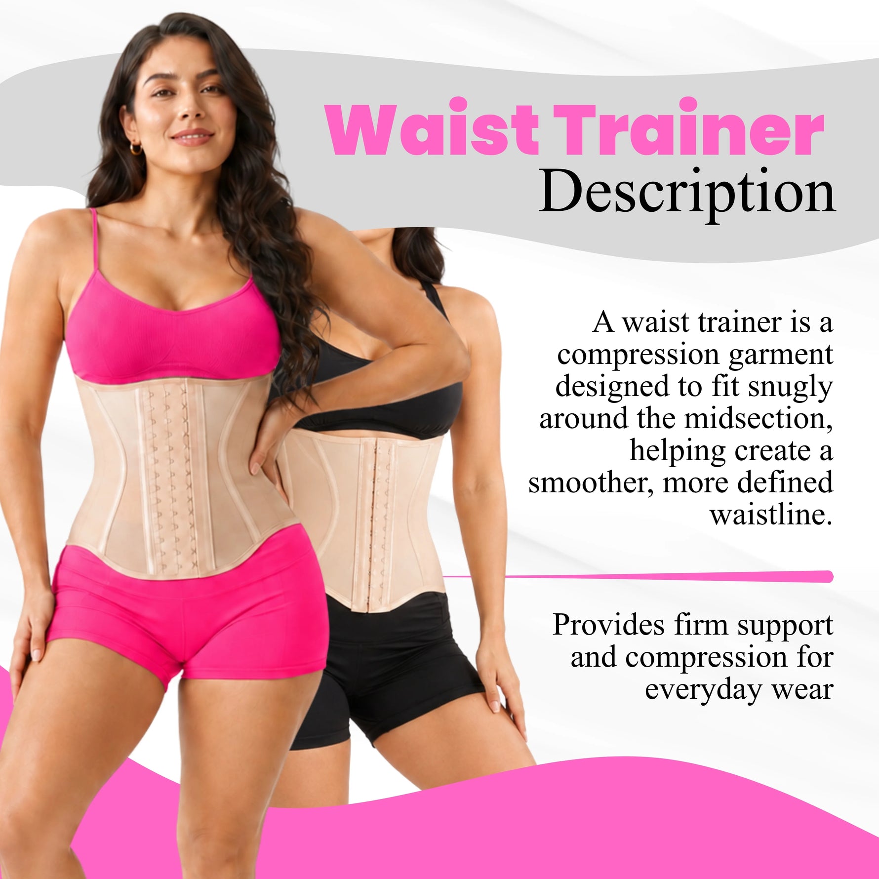 Women's beige waist trainer corset faja – postpartum belly band and body shaper lifestyle view
