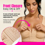 Woman wearing a beige front closure compression bra with text highlighting its features.