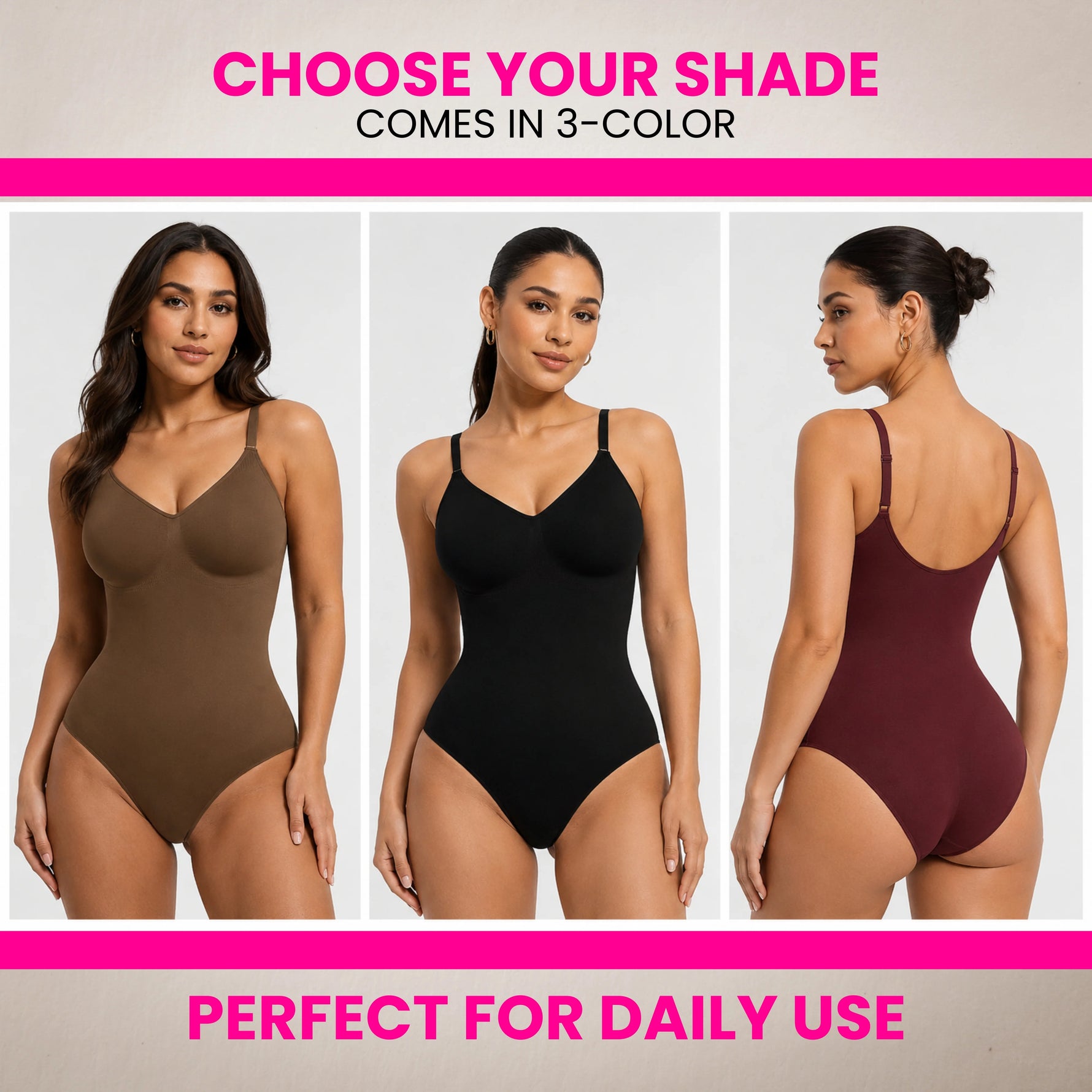 Women's seamless tummy control bodysuit shapewear available in 3 colors — brown, black, and burgundy