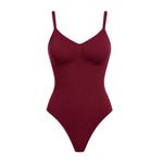 Women's seamless V-neck bodysuit shapewear with tummy control in burgundy