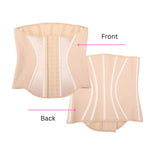 Women's waist trainer corset faja front and back view in beige – postpartum belly band body shaper