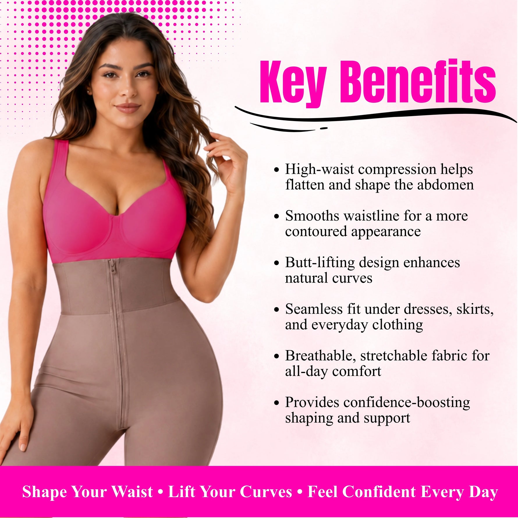 Front zipper closure with inner hook detail on zip-up high-waist shapewear shorts for secure fit